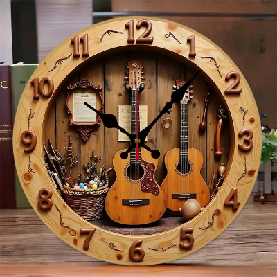 2D Flat Acoustic Guitar & Music Wooden Round Silent Wall Clock