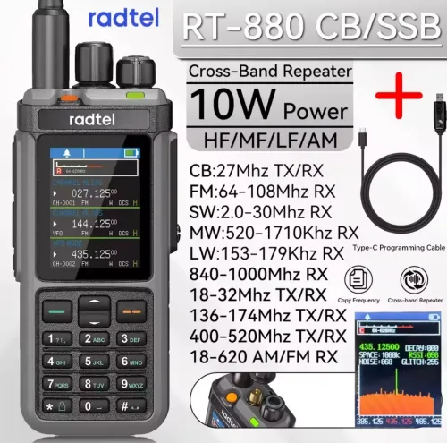 Radtel RT-880 All Band Ham Radio 10w 1024 CH with AM SSB CB Receive, USB LSB CW CB LW MW SW 2000mAh 1024 Channels